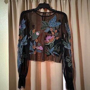 Anthropologie Black Sheer Embroidered Floral Crop Top